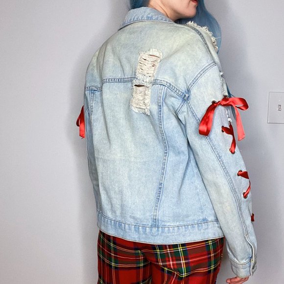 Denim Jacket with Lace Up Sleeve Detail - Picture 3 of 4